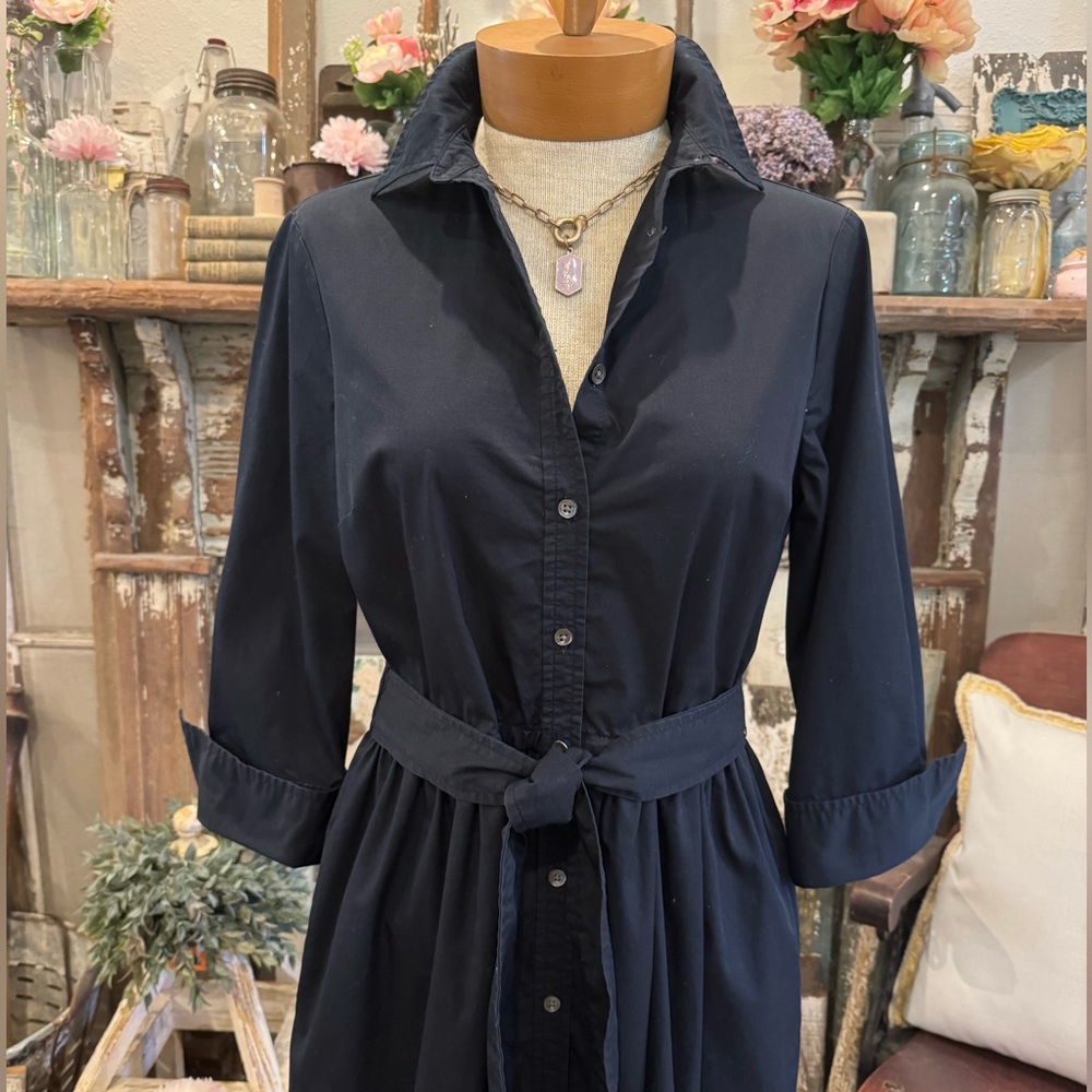 LANDS END | Navy Button Front | 3/4 Cuff Sleeve | Pockets Belted Shirt Dress | 6
